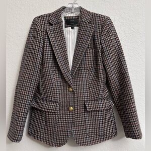J. Crew Rhodes Wool Brown Houndstooth Blazer Size 4 Gold Buttons Elbow Patch